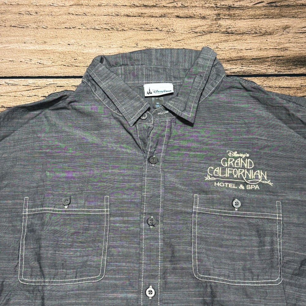 Disney Parks Button Down Shirt Mens XL Gray Grand Californian Hotel Spa Cotton